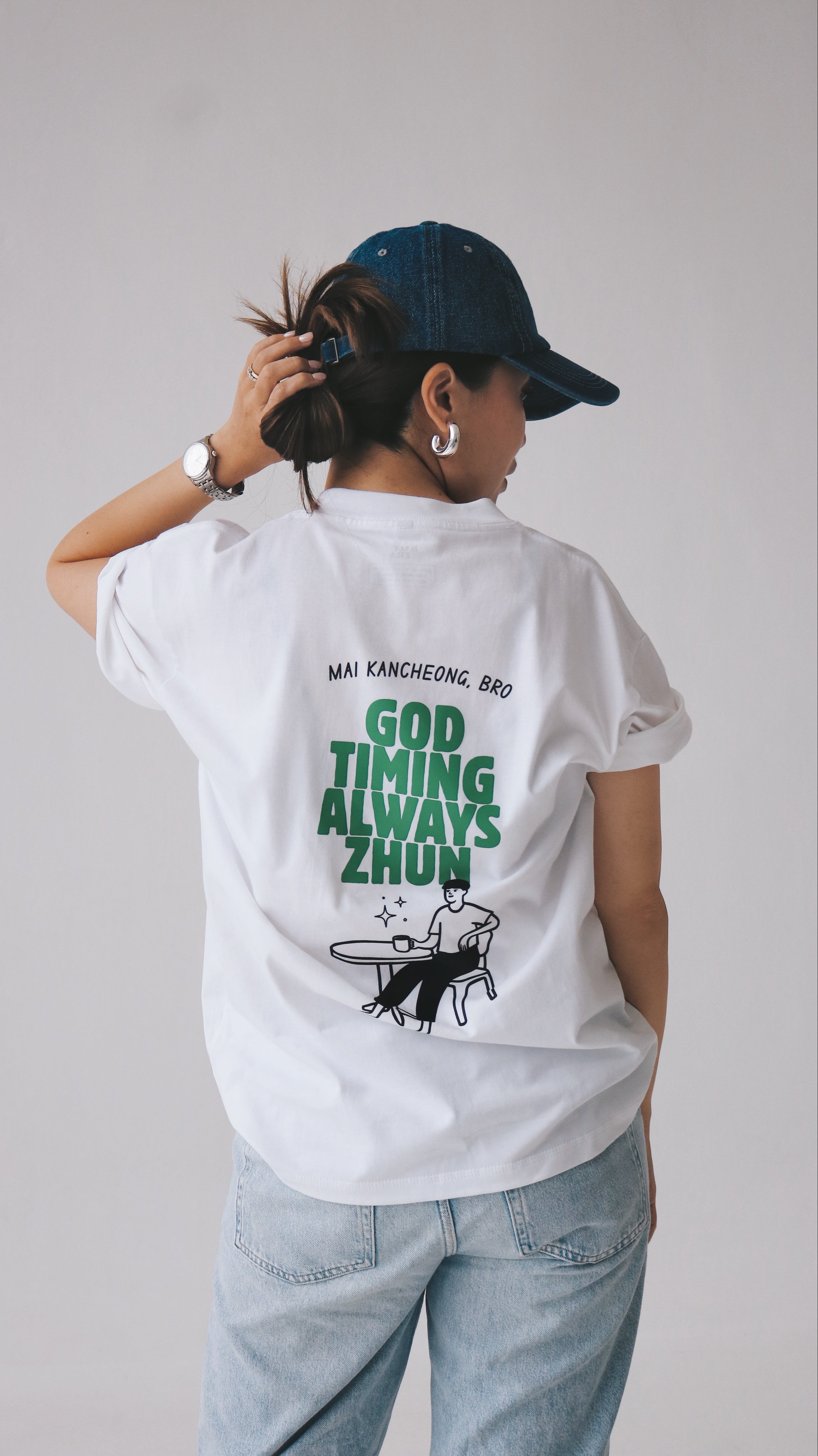 "God timing always zhun" - Oversized White T-Shirt
