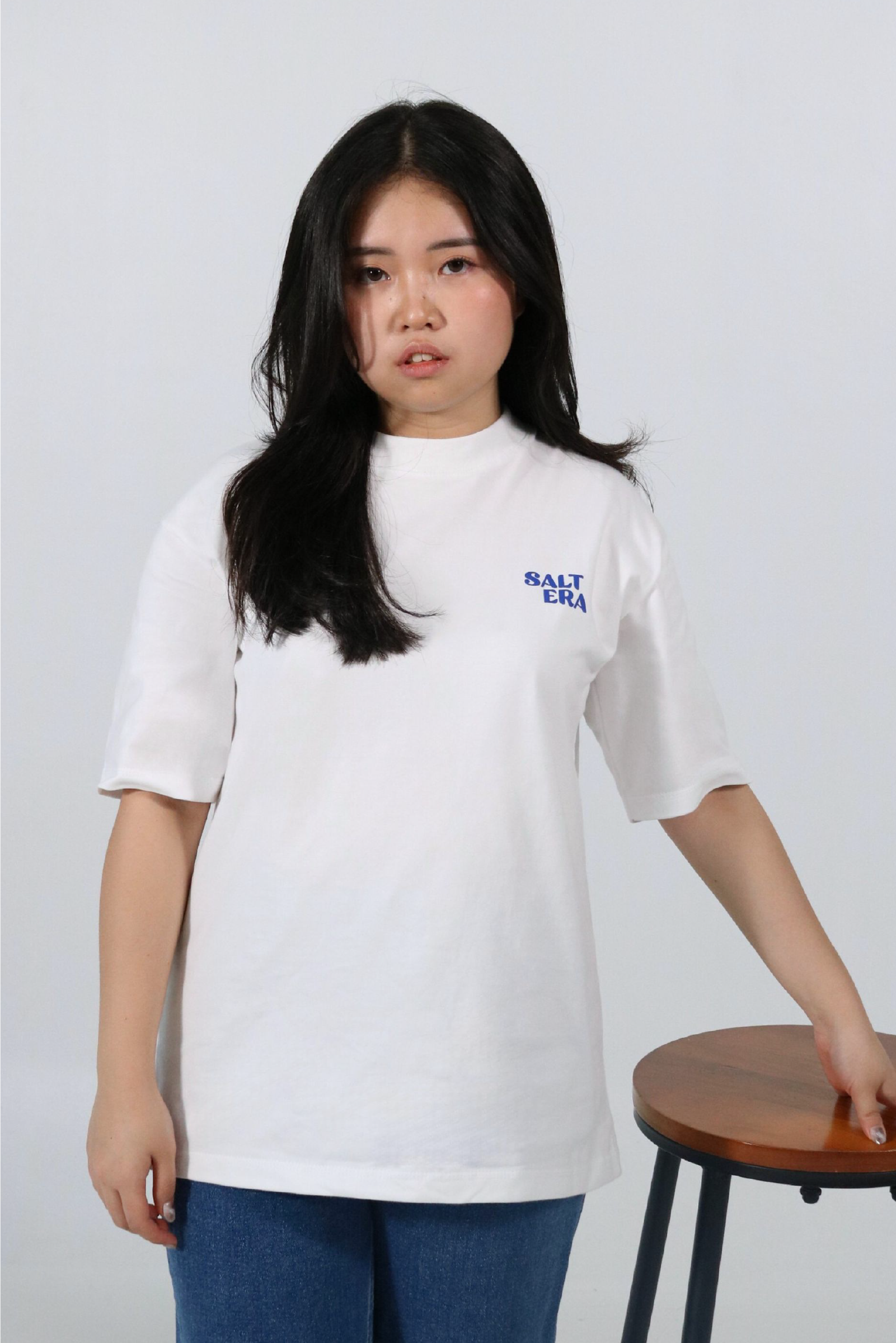 Oversized graphic white T-shirt front design - "Salt era"